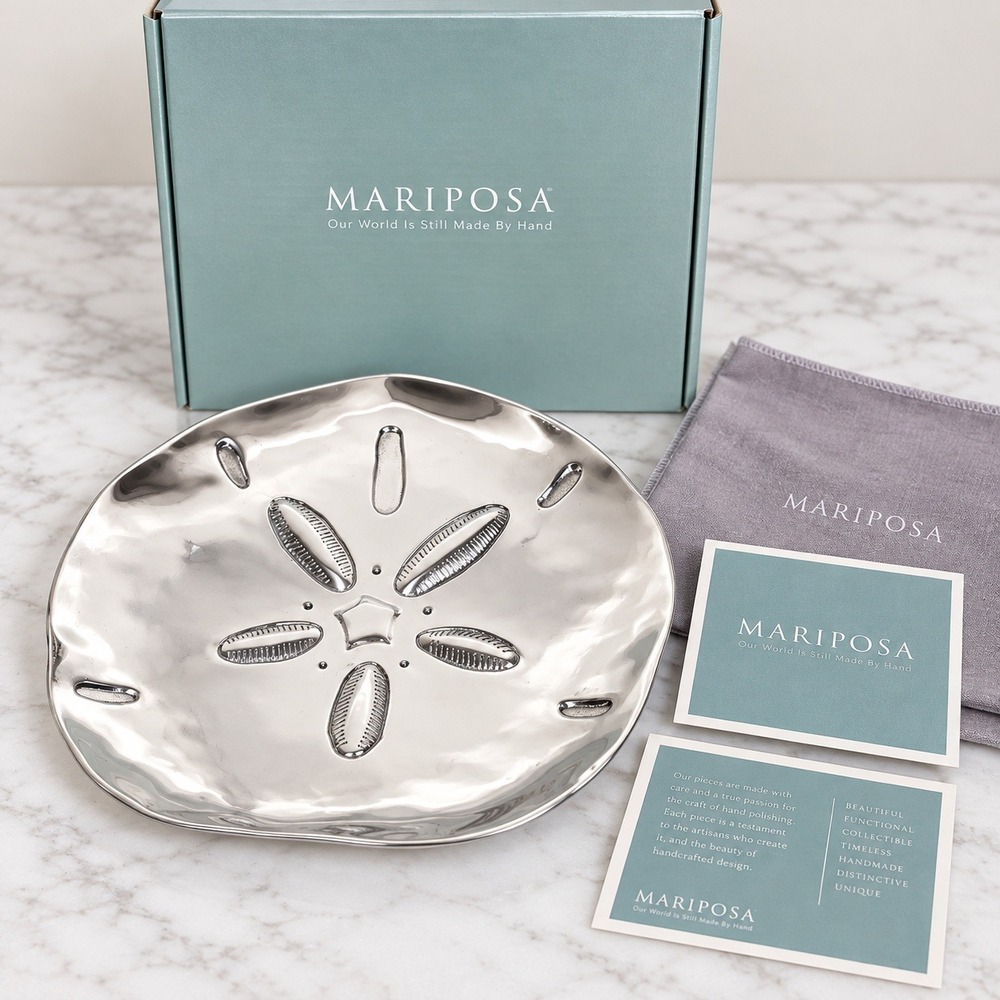 Mariposa Sand Dollar Platter Silver Recycled Aluminum Coastal Decor Beach House